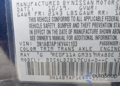 2019 Nissan Sentra Sv из США, поврежденный, VIN 3N1AB7AP1KY441103